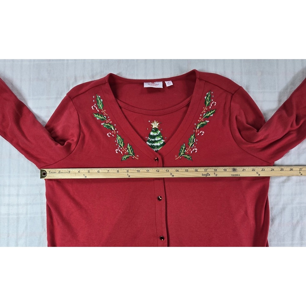 Quacker Factory Women's Holiday Joy V-Neck Cardigan Duet Tunic Top Red XL - Picture 3 of 16